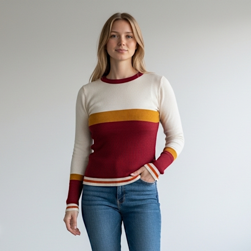 VTG Womens Colorblock Fitted Sweater Ribbed Cream Burgundy Size M Y2K Preppy